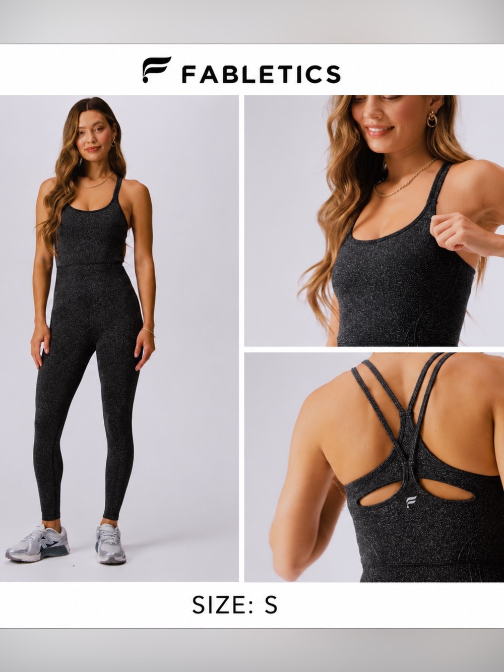 NWOT Fabletics Black Sparkle Strappy One-Piece Jumpsuit SIZE Small